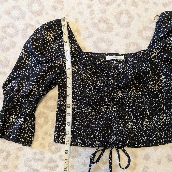 Puff Sleeve Shirred Ruched Black and White Polka Dot Cropped Blouse Tie Front S - Picture 5 of 6